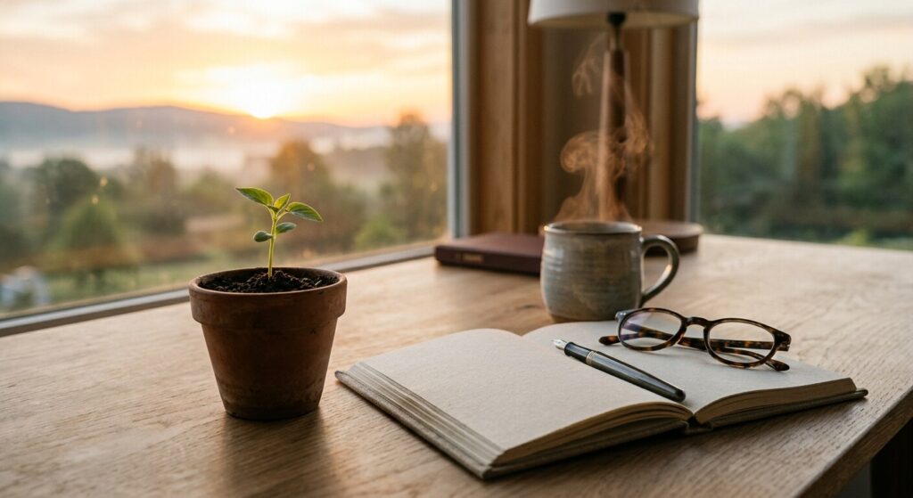 Como Criar Hábitos Positivos e Transformar a Sua Vida Passo a Passo em Motivação Secretária de madeira junto a uma janela ao amanhecer com uma planta, caderno aberto, caneta, óculos e caneca fumegante