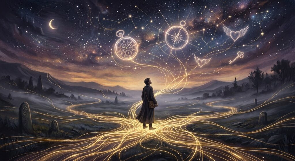 Sincronicidade: Descubra os Sinais que Mudam Destinos em Espiritualidade Pessoa numa encruzilhada de caminhos brilhantes sob um céu estrelado com símbolos de relógio, bússola e corações alados